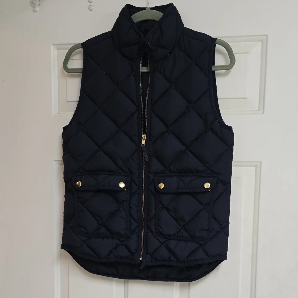 J Crew Vest Womens Petite X-Small Blue Down Waterfowl Puffer Quilted Full Zip